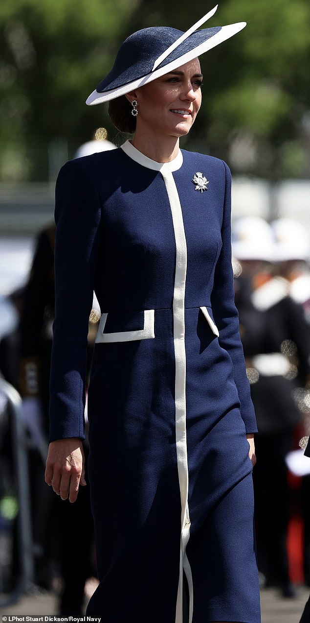 After the ceremony, William and Kate (pictured), known in Scotland as the Duke and Duchess of Rothesay, boarded the ship and met representatives from BAE Systems, which has led the delivery of the vessel, and others from the Royal Navy who discussed the ship¿s capabilities