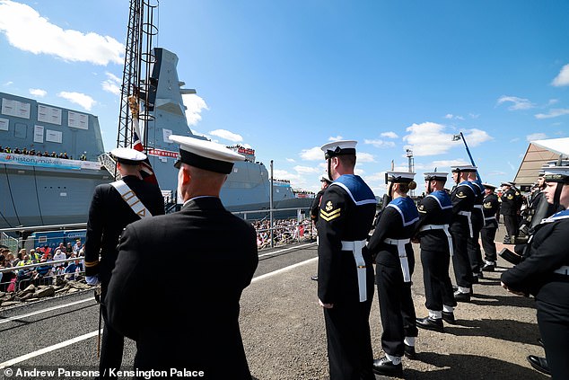 On arrival at the shipyard (pictured), the Prince and Princess were met by Jacqueline McLaren, Lord Lieutenant of Glasgow, Sir Simon Lister, managing director, of BAE Systems Naval Ships and Commander Phil Burgess, senior naval officer on HMS Glasgow