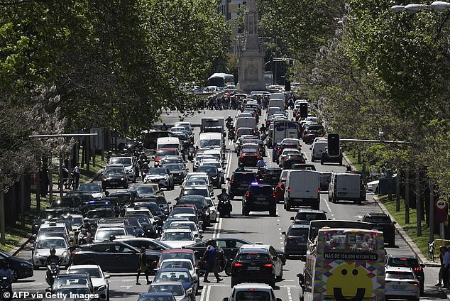 This photograph shows traffic jam in downtown Madrid during a massive power cut