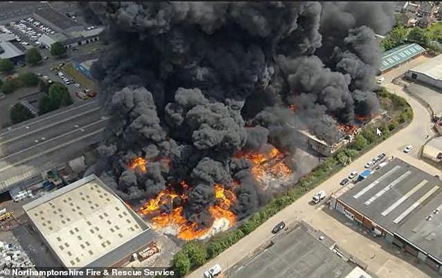 Area Manager Mick Berry, from Northamptonshire Fire and Rescue Service, said: 'This is a large fire that is having a significant impact on the Sanders Lodge industrial estate in Rushden'