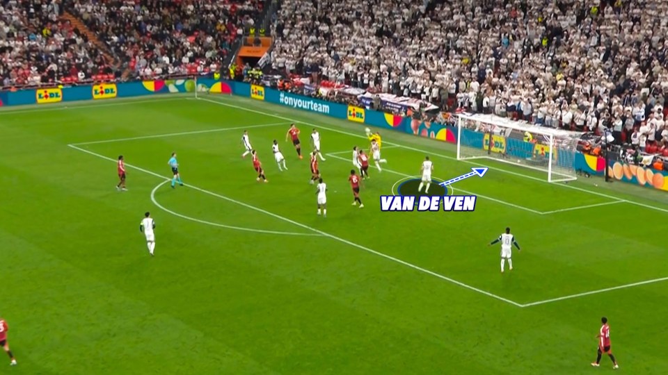 Soccer game, Van de Ven attempting a shot on goal.