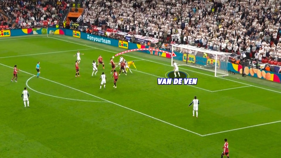 Soccer player Van de Ven scoring a goal.
