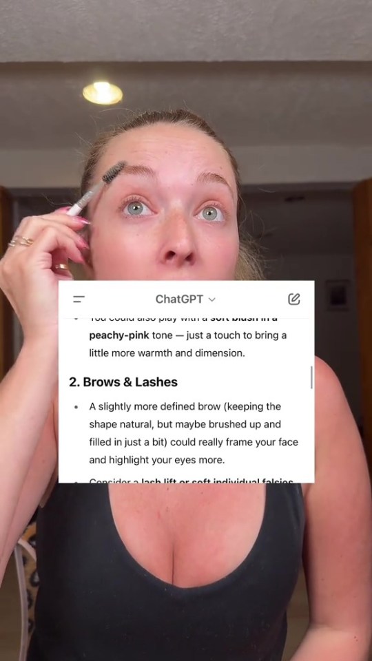 Person applying eyebrow makeup, with text overlay offering beauty tips.