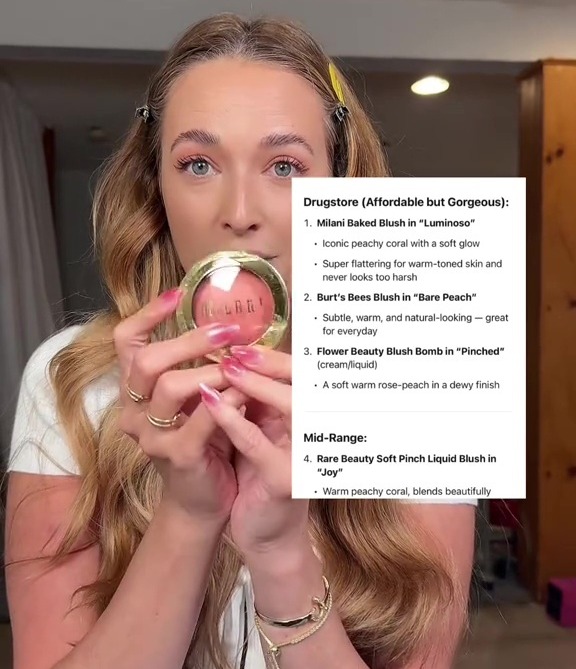 Woman holding and reviewing different blush products.