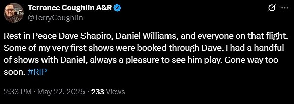 Music executive Terrance Coughlin paid tribute to Williams and Shapiro on X
