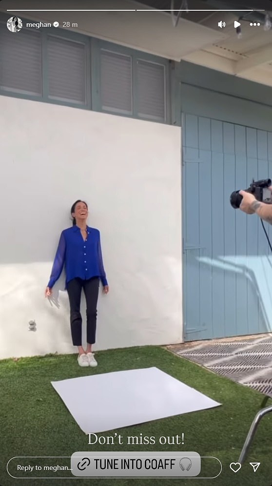 The Duchess of Sussex , 43, reminded her followers to tune into Confessions of a Female Founder's latest episode featuring Cassandra Thurswell (not pictured) - the founder of an eco-friendly hair care and beauty brand for women - in a video posted on Instagram