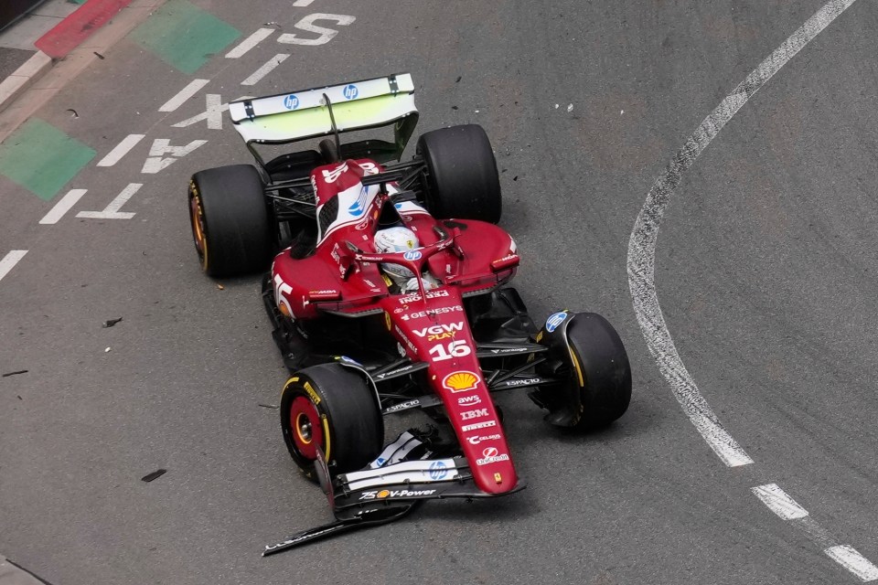Charles Leclerc's damaged Ferrari after a crash at the Monaco Grand Prix.