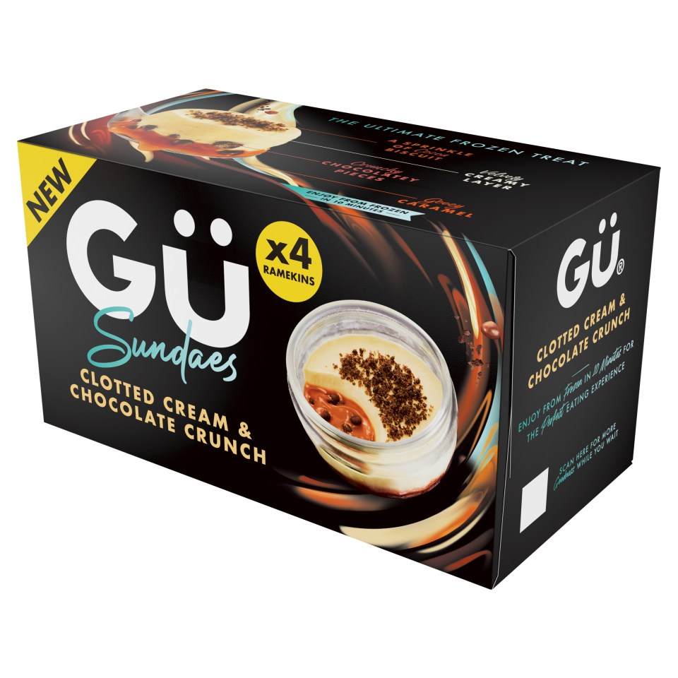 Box of Gü clotted cream and chocolate crunch sundaes.