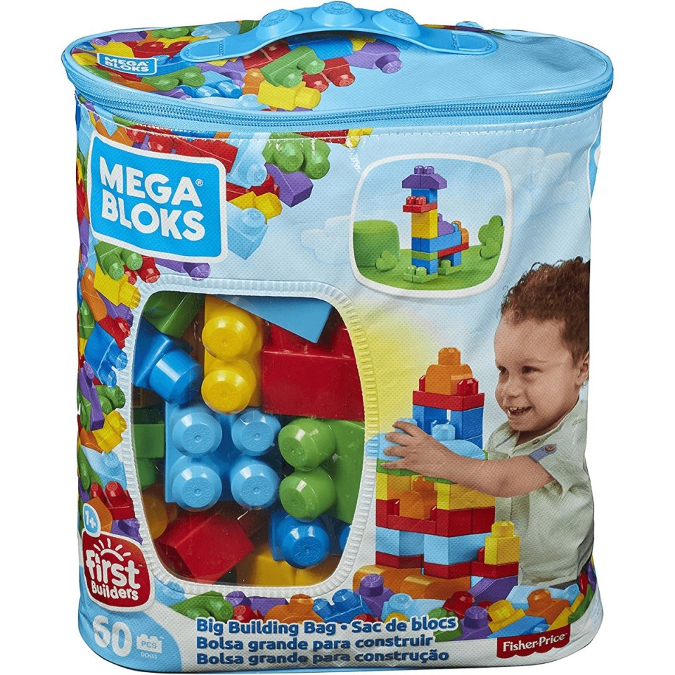 60-piece Mega Bloks First Builders Big Building Bag with a toddler building a tower.