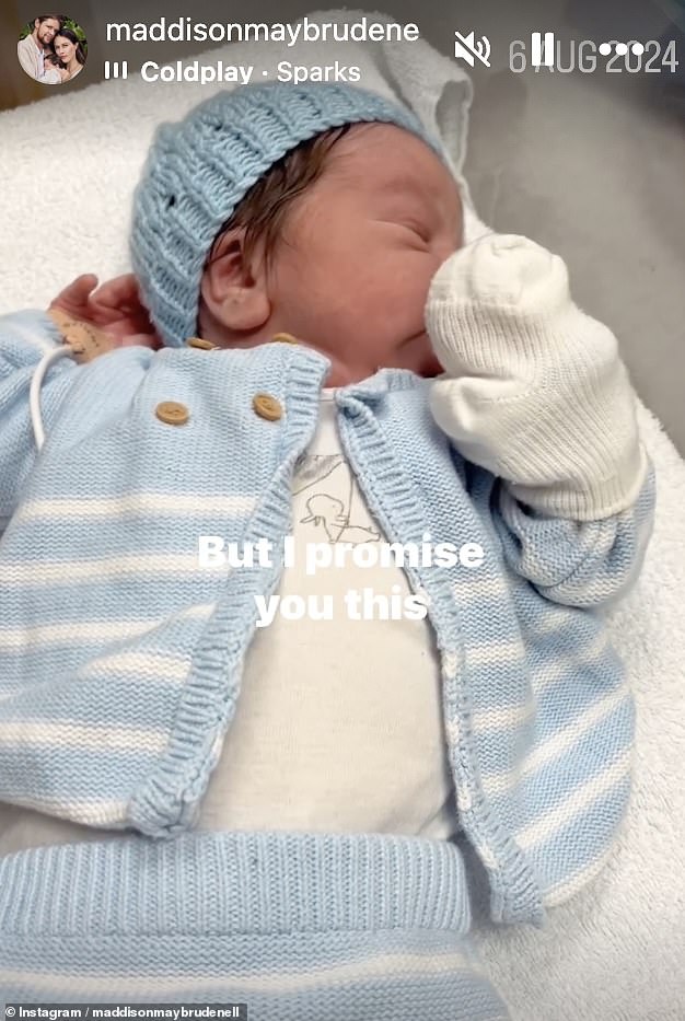 Maddison has revealed she was in labour for 40 hours with their son Michael Adam (pictured) at the family home