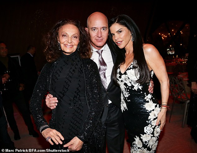 Diller is still revered as one of the most brilliant operators in Hollywood history but nowadays prefers to spend time on his 305ft schooner Eos, one of the world's biggest sailing yachts. He and von Furstenberg are often accompanied on trips by their friends Jeff Bezos and his soon-to-be-wife Lauren Sanchez. Pictured: Diane (l) with Jeff Bezos (c) and Lauren Sanchez (r)