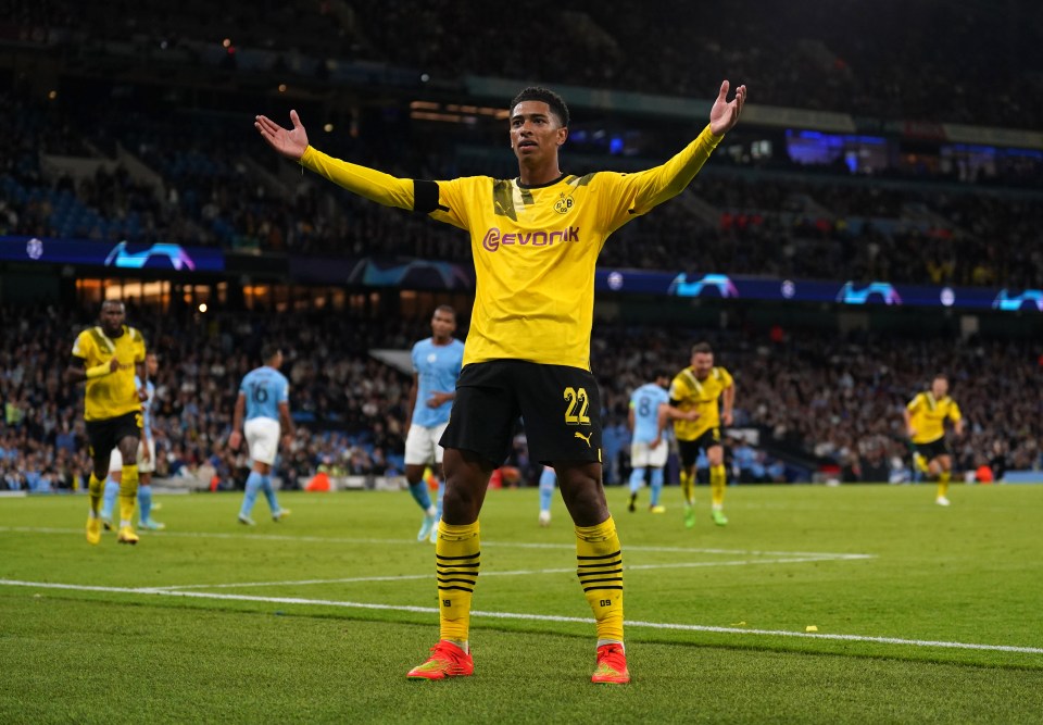 Jude Bellingham in a Borussia Dortmund uniform on a soccer field.