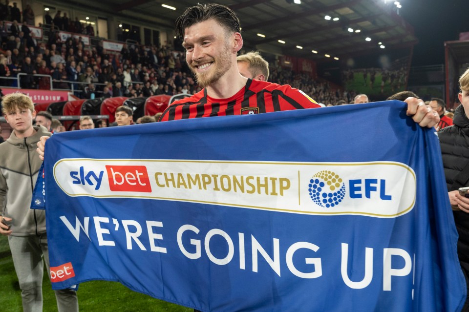 Kieffer Moore holding a "We're Going Up" banner after an AFC Bournemouth victory.