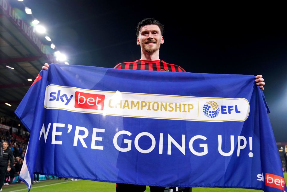 Kieffer Moore holding a "We're Going Up!" banner after Bournemouth's promotion to the Premier League.