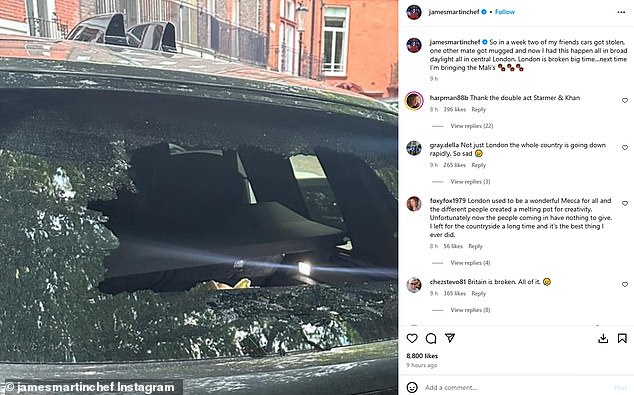 A photo on his Instagram showed how thieves broke into his car by smashing the rear window