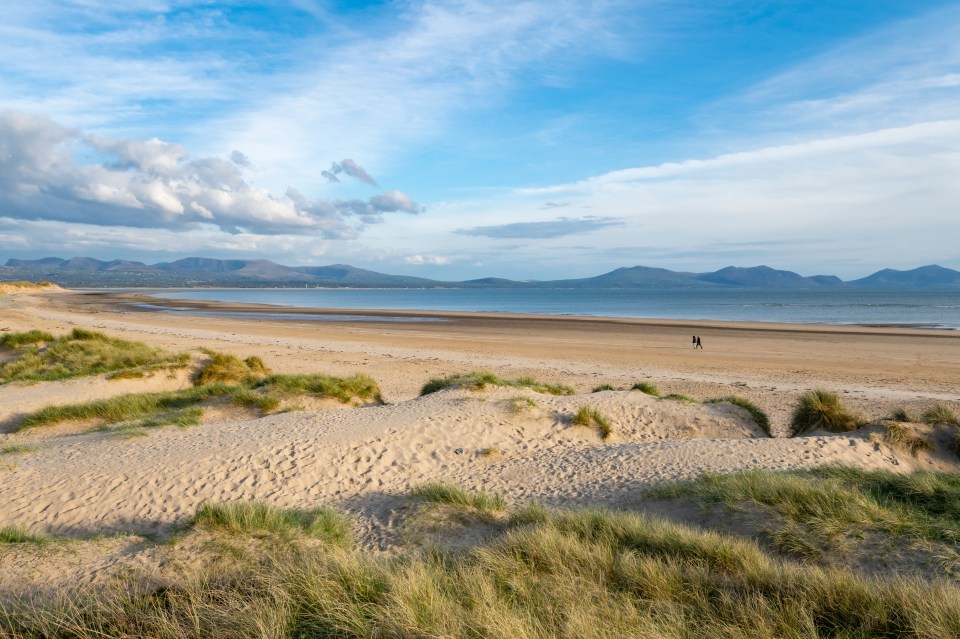 Two people walking on a sandy beach at low tide, with mountains in the background.