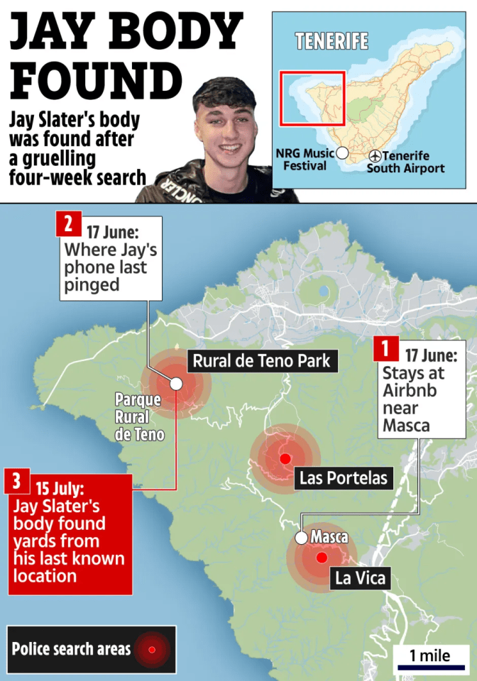 Map showing the timeline and locations related to the search for Jay Slater in Tenerife.