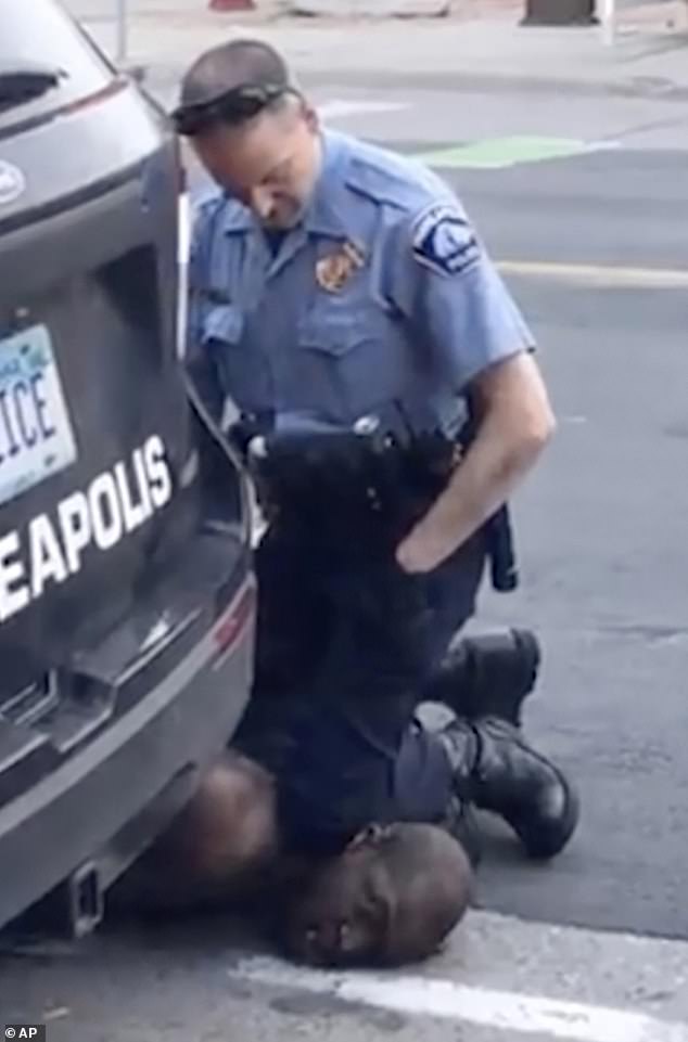 In this image from video provided by Darnella Frazier, Minneapolis Police Officer Derek Chauvin kneels on the neck of George Floyd, a handcuffed man who was pleading that he could not breathe, on Monday, May 25, 2020