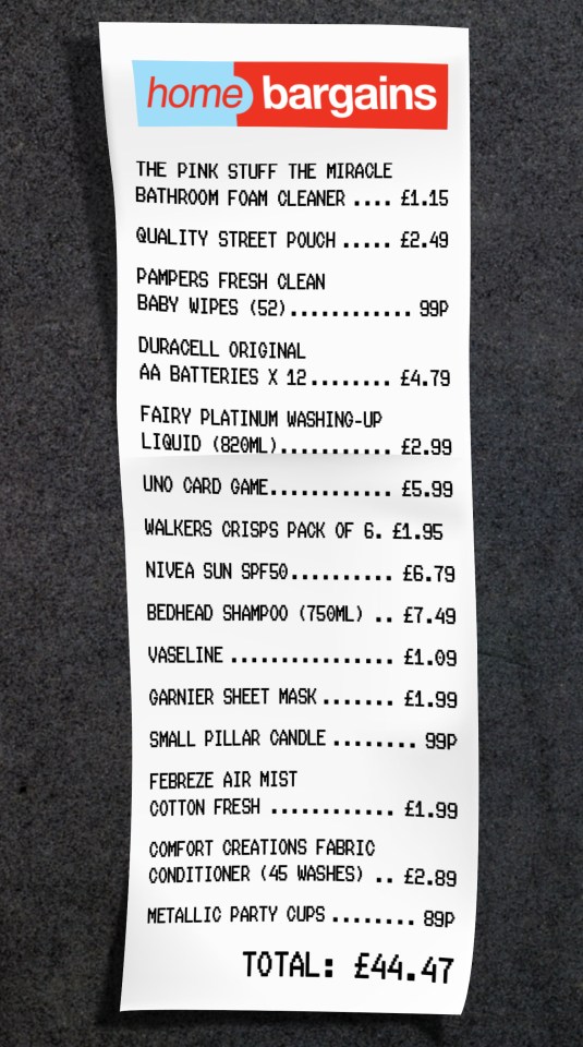 Home Bargains receipt totaling £44.47.