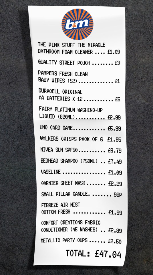 Receipt showing a total of £47.04.