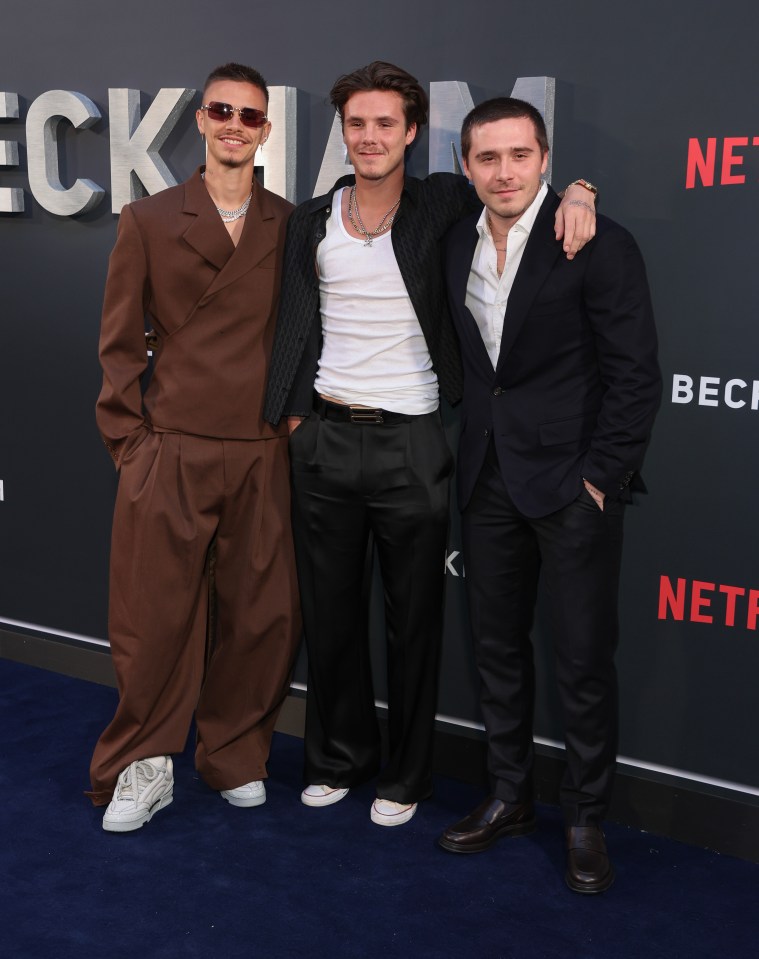 Romeo, Cruz, and Brooklyn Beckham at the Netflix Beckham premiere.
