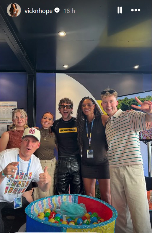 Group photo of Vick Hope and friends at BBC Radio 1's Big Weekend.