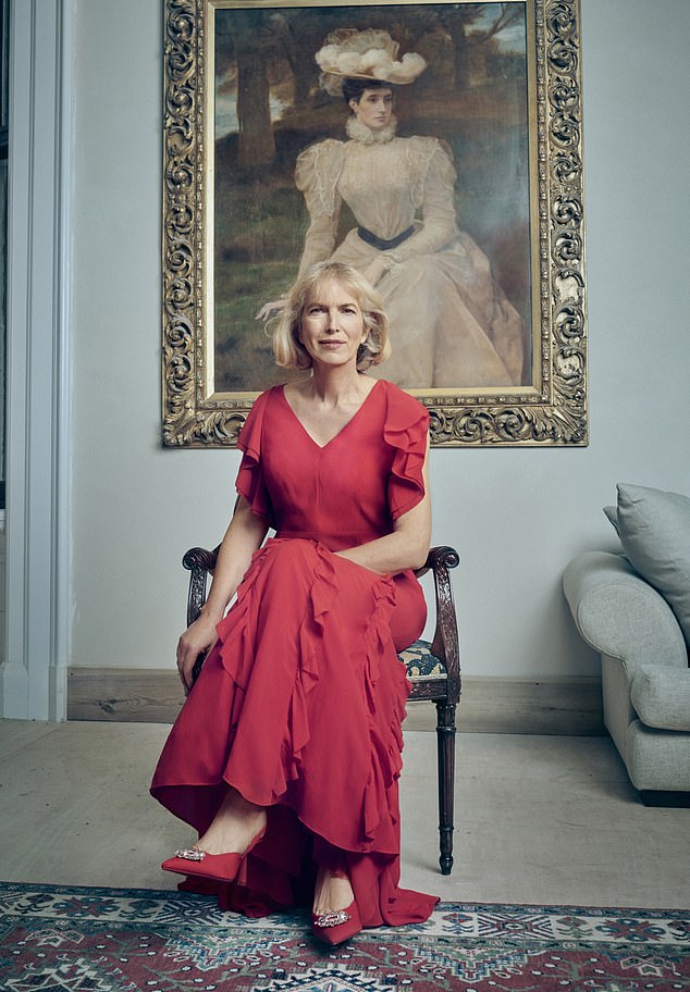 Also known as Lady Carbisdale, Samantha sits in front of a portrait of Mary Caroline, Duchess of Sutherland, for whom her stately castle home was built