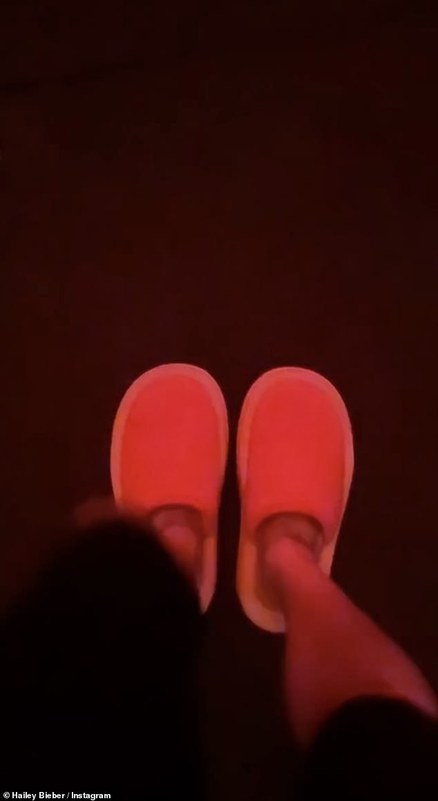 Regardless of where Hailey was seated, she appeared perfectly comfortable—sporting what looked like slippers, which she showed off in a video shared to Instagram