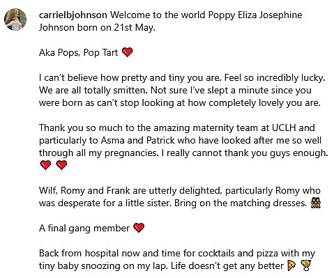 Mrs Johnson posted to Instagram: 'Welcome to the world Poppy Eliza Josephine Johnson born on 21st May. Aka Pops, Pop Tart'