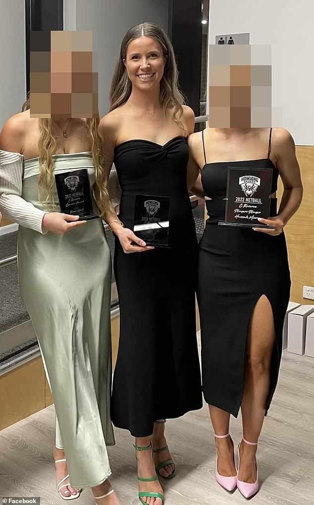 Corbie Walpole set Jake Loader alight in the backyard of her home at Howlong, near Albury, on January 7 last year. She is pictured with Howlong Spiders teammates after being named the C Reserve's most consistent player in 2022
