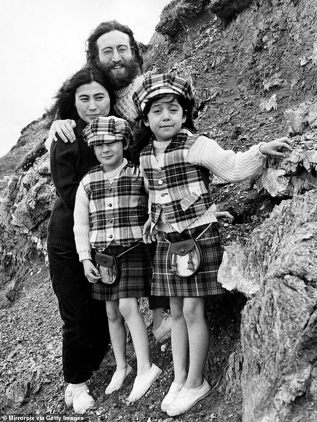 Today Kyoko admits, ‘I was very scared by that fame.’ There was, she remembers, ‘a lot of competition for John and my mom’s attention from other people – even the nanny.’ (Pictured: Yoko Ono and her daughter Kyoko with John Lennon and his son Julian).