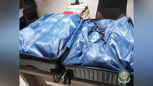 In 2022, four members of a Ghanaian smuggling ring were jailed for more than 28 years after trying to import almost £3mn worth of cocaine into Britain (Pictured: the 23-year-old suspect's two suitcases alleged to have been filled with cocaine on May 18)
