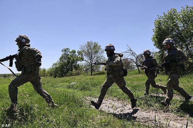 The visit marked the third anniversary of Russia 's invasion and involved travelling to the capital Kyiv and the city of Lviv, as well as attending a conference (pictured: Ukrainian troops training in the Zaporizhzhia region, Ukraine)