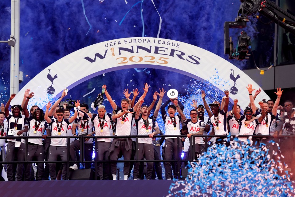 Tottenham Hotspur players celebrating their 2025 Europa League victory.