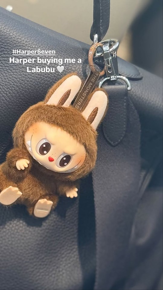 Brown Labubu bunny keychain on a dark-colored bag.