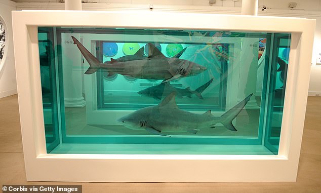 Reportedly worth £308 million, Hirst forged the Young British Artist (YBA) art scene of the 1990s and shot to fame after displaying sharks and other animals suspended in formaldehyde (pictured)