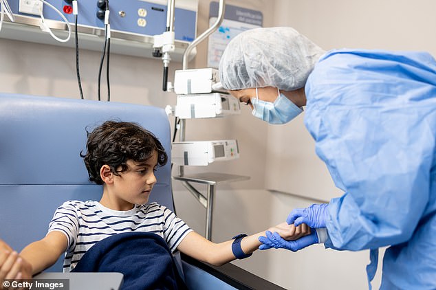 A sick boy getting chemotherapy at a hospital. Pictured: Stock image