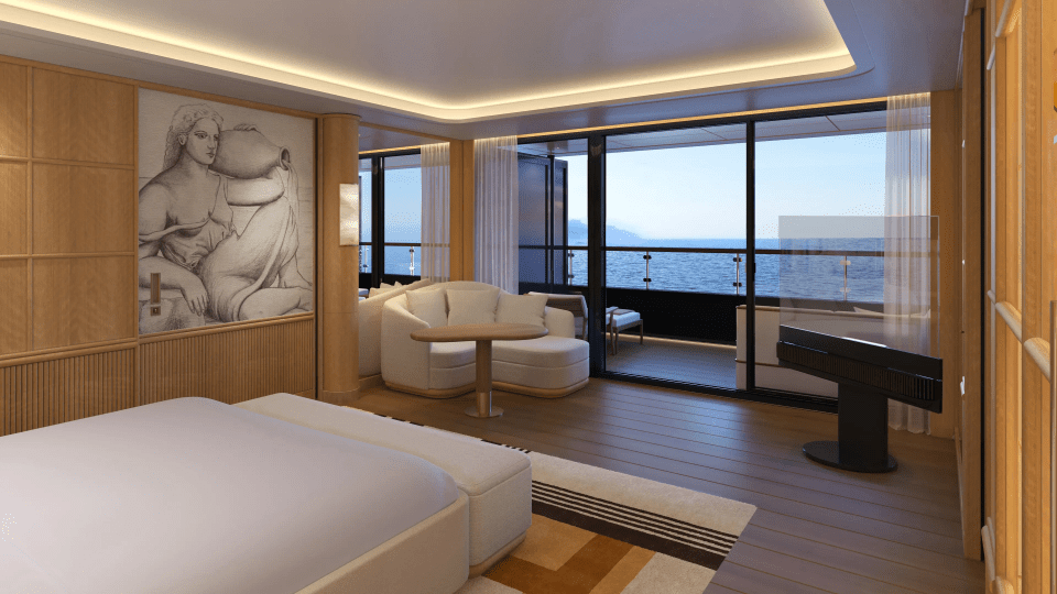 Illustration of a luxury suite on a superyacht, overlooking the ocean.