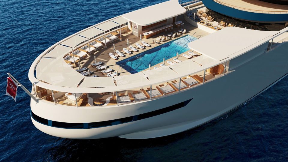 Aerial view of a yacht's deck, featuring a pool, lounge chairs, and sunshades.