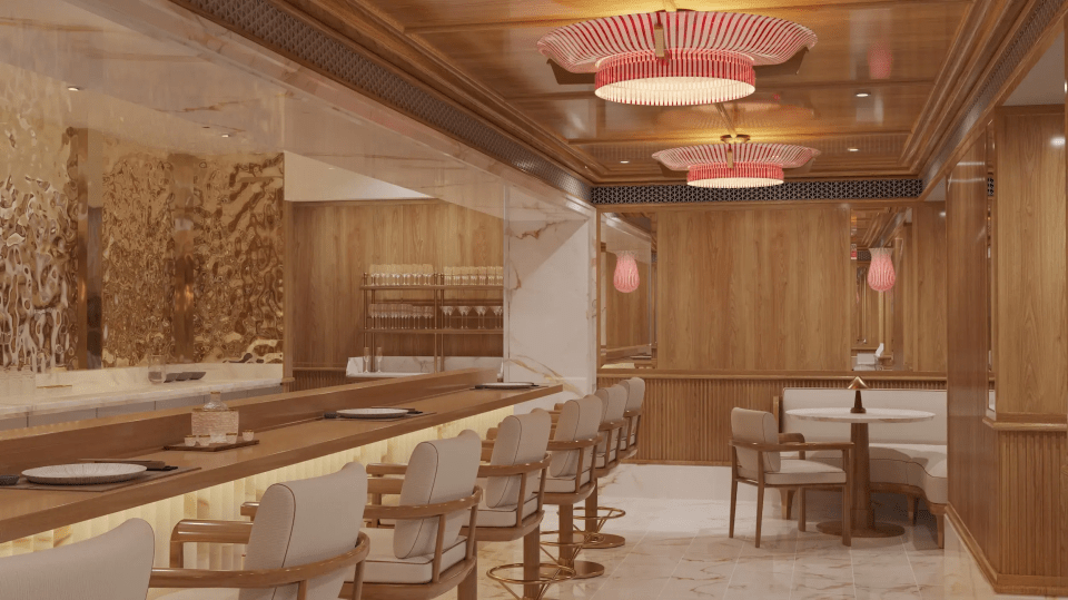 Illustration of a bar interior with a long wooden counter, beige chairs, and red and white striped pendant lights.