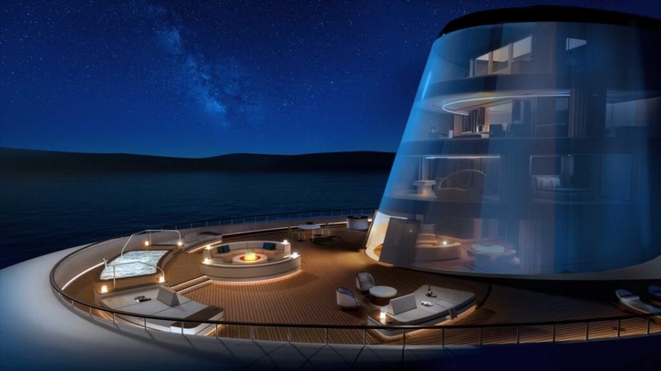 Illustration of the Four Seasons Superyacht at night, showing its deck and a transparent tower section revealing interior rooms.