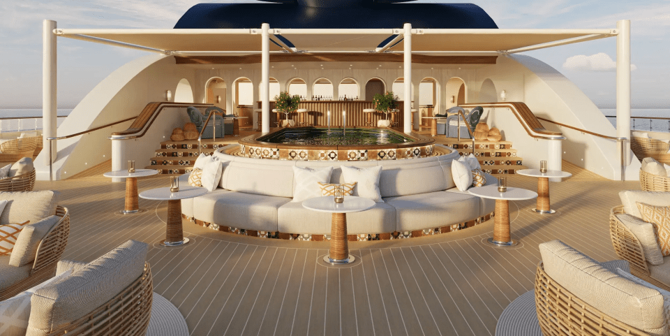 Illustration of the Four Seasons Superyacht's deck, featuring a circular seating area with a pool and bar.