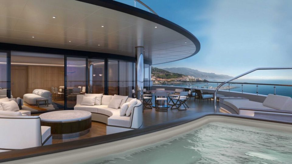 Illustration of a superyacht's deck with a hot tub, seating area, and ocean view.