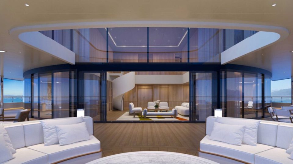 Illustration of the interior of a luxury superyacht, showing a deck with seating and glass doors opening to a lounge area with a spiral staircase.