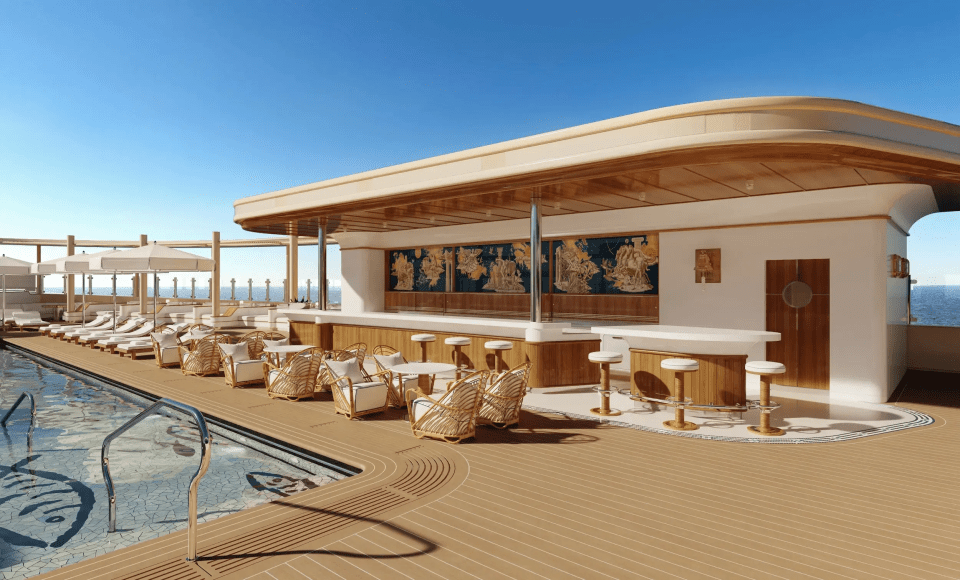 Illustration of a superyacht pool deck with bar and lounge seating.