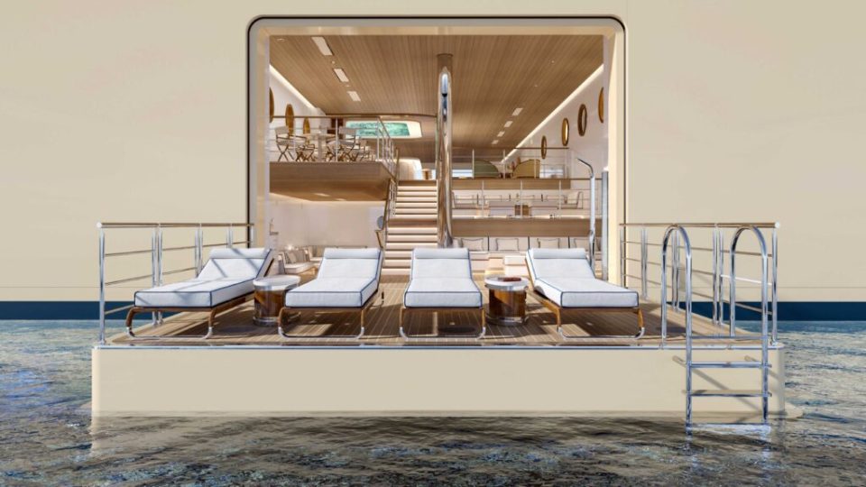 Illustration of a superyacht's deck with lounge chairs and a view of the interior.