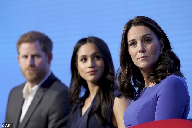 Harry, Meghan and Kate are pictured in February 2018 at the Royal Foundation Forum