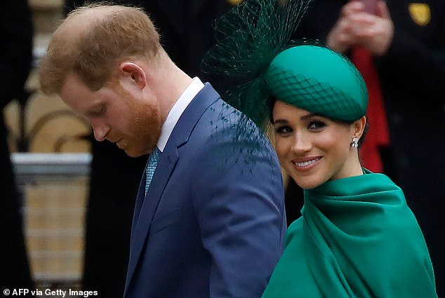 Meghan and Harry are pictured attending the annual Commonwealth Service at Westminster Abbey in London on March 9, 2020