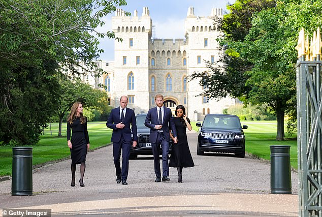 As they walked along the gates of Windsor Castle together, temporarily putting aside the differences sparked by the Sussexes' departure, they appeared to maintain a significant distance from each other