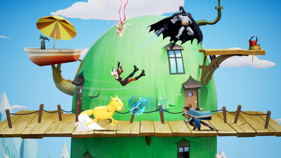Illustration of a video game scene featuring Batman, Harley Quinn, and other characters fighting on a whimsical bridge.